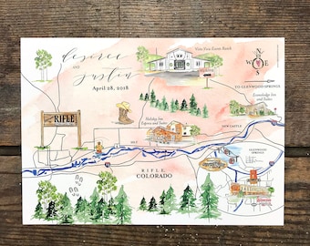 Custom Wedding Maps, Personalized Wedding Maps, Watercolor Wedding Maps, Map Illustration, Hand Painted Guest Map, Hand Drawn