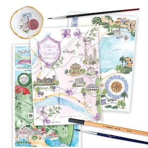 Map Illustration, Map Itinerary Wedding, Custom Wedding Maps, Personalized Wedding Maps, Watercolor Wedding Maps, Watercolor Map Invitations