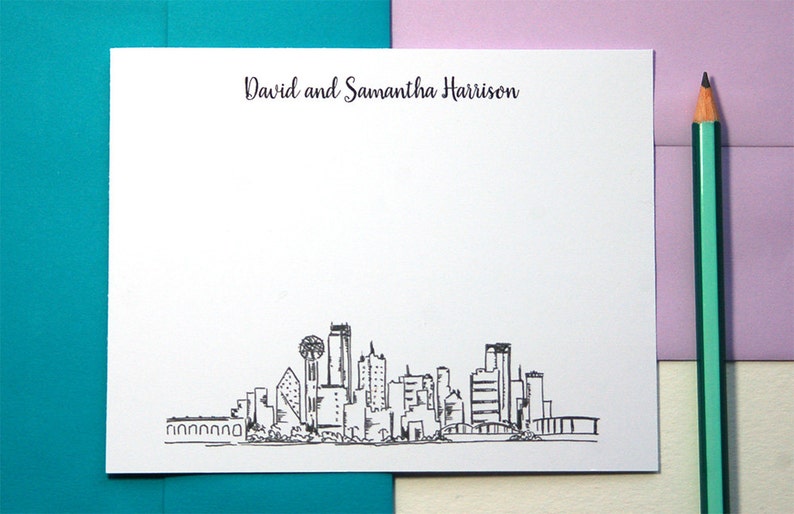 Bridal Shower Gift Dallas Skyline Art Personalized Stationery Set Mens Stationary Set of 12 Wedding Thank You Cards