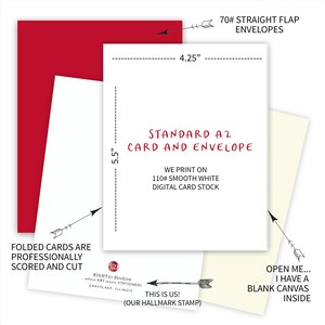 Peut inclure: Un ensemble de carte et d'enveloppe blanche avec un support en carton rouge. La carte mesure 14 cm sur 10,8 cm et est imprim&eacute;e sur du papier cartonn&eacute; num&eacute;rique blanc lisse 110#. L'enveloppe est une enveloppe &agrave; rabat droit 70#. Le texte sur la carte indique "Standard A2 Card and Envelope" et "We print on 110# smooth white digital card stock". Le texte sur l'enveloppe indique "70# Straight Flap Envelopes". Le texte au dos de la carte indique "Les cartes pli&eacute;es sont professionellement rainur&eacute;es et coup&eacute;es" et "This is us! (Our Hallmark Stamp)". Le texte au dos de l'enveloppe indique "Open me... I have a blank canvas inside".
