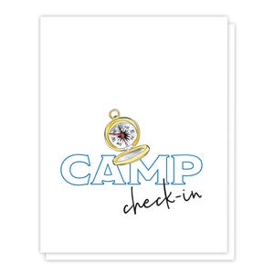 May include: A white card with a blue and white "CAMP" text and the words "check-in" in black script. A gold compass with a black needle is above the text.