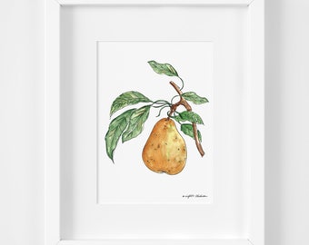 Pear Kitchen Art Fruit Wall Decor, 5x7 Watercolor Wall Art Print, Watercolor Illustration Pear Wall Print, Kitchen Wall Decor with Fruit