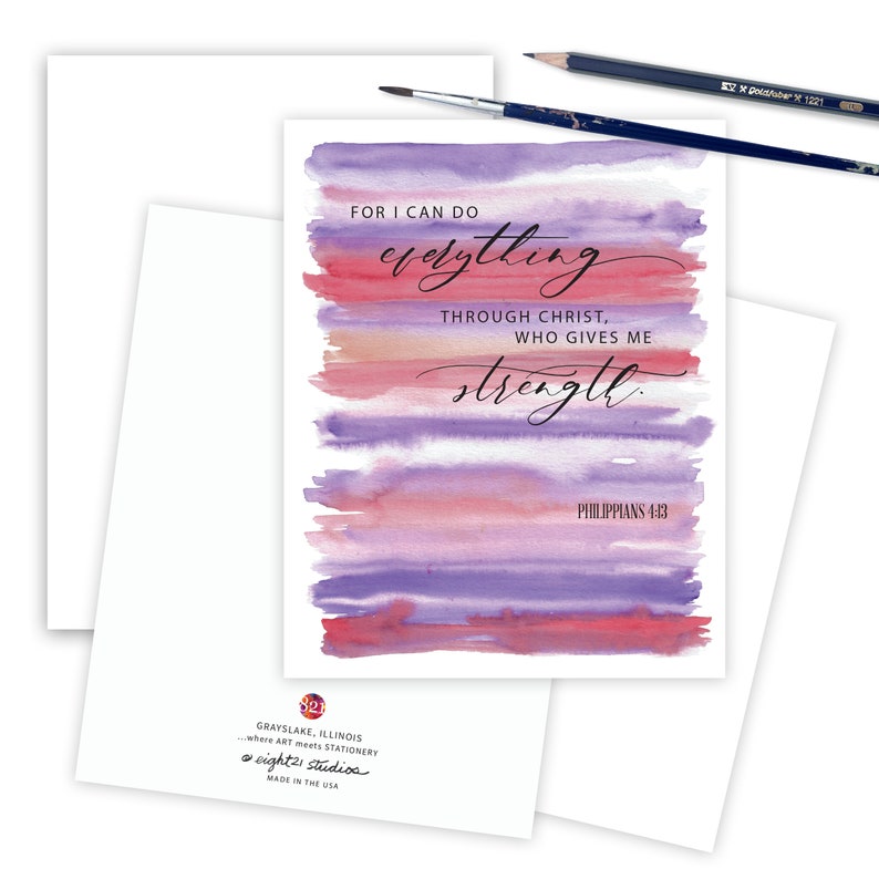 Peut inclure: Une carte aquarelle avec une citation de Philippiens 4:13, "Car je peux tout par celui qui me fortifie."