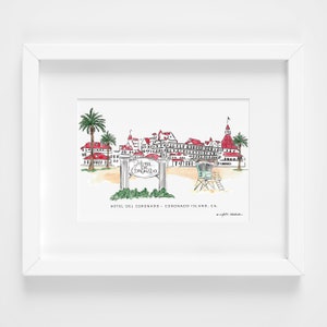 Coronado Island Hotel Del Coronado San Diego California, 7x5 Watercolor Art Prints, Hotel Art Prints Beach Wall Decor, Venue Art California