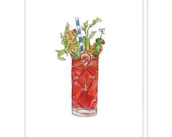 Bloody Mary Cocktail Watercolor, Cocktail Recipe Cards, Housewarming Card for New Home, Hostess Gift  Sunday Funday, Bar Cart Accessories