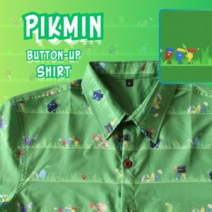 May include: Green button-up shirt with a Pikmin print. The shirt features a repeating pattern of Pikmin characters and green grass. The text "Pikmin Button-Up Shirt" is printed on the top of the shirt.