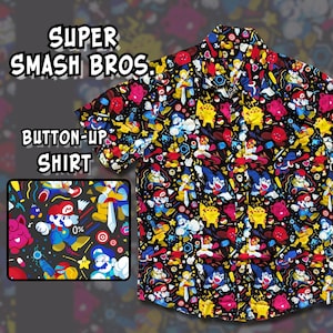 May include: A black button-up shirt with a colorful Super Smash Bros. print featuring characters like Mario, Pikachu, and Link. The shirt has short sleeves and a button-up collar. The text "SUPER SMASH BROS. BUTTON-UP SHIRT" is printed on the shirt.