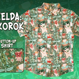 May include: Green button-up shirt with a repeating pattern of Korok characters from the Zelda video game series. The shirt features short sleeves and a collared neckline. The words "Zelda: Korok" and "Button-Up Shirt" are printed on the image.