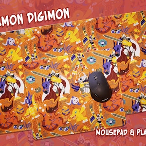 May include: Agumon Digimon Mousepad & Playmat. A large orange and yellow mousepad with a repeating pattern of Digimon characters, including Agumon. The mousepad is designed to be used as a playmat for games.