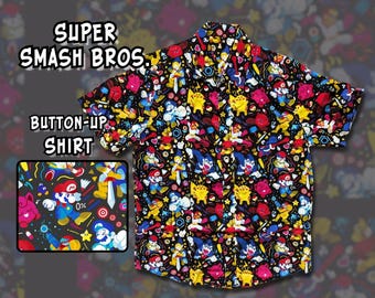 SUPER SMASH BROS Button Up Shirt Sizes S-3x | Poylester| Nintendo, N64, Retro Game, Hawaiian Shirt