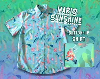 Mario SUNSHINE  Button Up Shirt Sizes S-3X | Polyester | Nintendo, Gamecube, Retro Game, Hawaiian Shirt