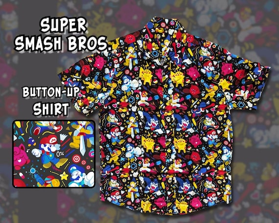 SUPER SMASH BROS Button Up Shirt Sizes S-3x | Poylester| Nintendo, N64, Retro Game, Hawaiian Shirt