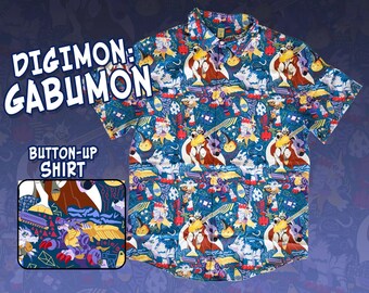 DIGIMON Gabumon Pattern Button Up Shirt Sizes S-3X | Video Games, Anime, TCG, Hawaiian Shirt, Digital Monsters, Gaming Gift