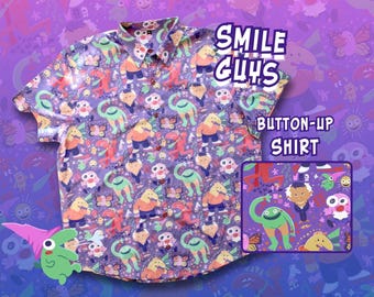 Smile Guys Button Up Shirt Sizes S-3X | Polyester | AS | Oneyplays | Animation Hawaiian