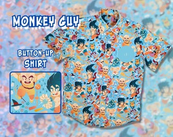 Camisa de manga larga con botones Monkey Guy, tallas S-3X / Poliéster / Camisa hawaiana de anime