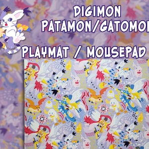 May include: A purple and white playmat or mousepad with a repeating pattern of Digimon characters, including Patamon and Gatomon. The text "Digimon Patamon/Gatomon Playmat/Mousepad" is printed in white on a black background.