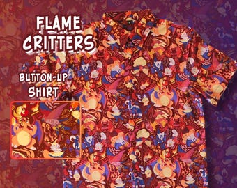 Camisa abotonada Flame Critters, tallas S-3X, poliéster, estilo retro, hawaiana