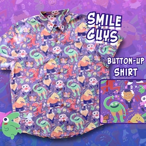 May include: A button-up shirt with a colorful pattern of cartoon characters and butterflies on a purple background. The shirt has short sleeves and a collar. The text "SMILE GUYS BUTTON-UP SHIRT" is displayed.