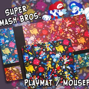May include: A Super Smash Bros. themed playmat or mousepad with a colorful design featuring characters from the video game series. The playmat has a black background with colorful characters and symbols. The text "SUPER SMASH BROS." is printed in white on a red background at the top of the playmat. The text "PLAYMAT/MOUSEPAD" is printed in white on a black background at the bottom of the playmat.