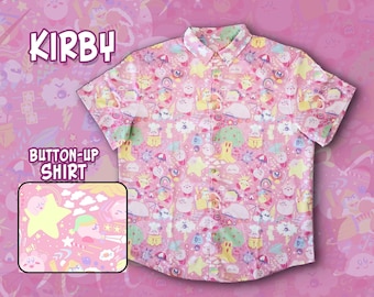 PINK Kirby Pattern Button Up Shirt Sizes S-4X | Video Games, Nintendo, Gamer, Hawaiian Shirt, Gaming Gift, Anime