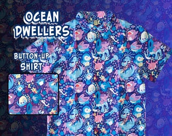 OCEAN Dwellers Pattern Button Up Shirt Sizes S-3X | Polyester | Video Games, Gamer, Hawaiian Shirt, Gaming Gift