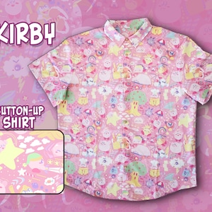 PINK Kirby Pattern Button Up Shirt Sizes S-4X | Video Games, Nintendo, Gamer, Hawaiian Shirt, Gaming Gift, Anime