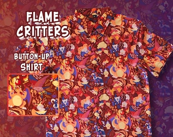 Flame Critters Button Up Shirt Sizes S-3X | Polyester | Retro Game, Hawaiian Shirt
