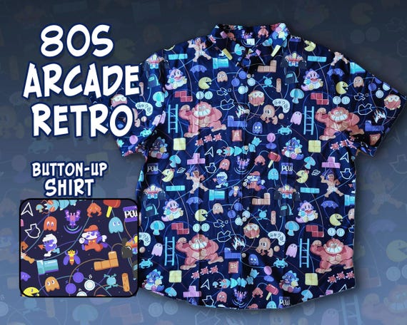 80s RETRO ARCADE Pattern Button up Shirt Sizes S-3X | Video Games