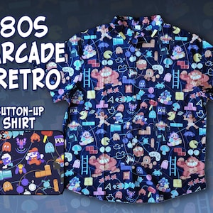 80s RETRO ARCADE Pattern Button Up Shirt Sizes S-4X | Video Games, Nintendo, Gamer, Hawaiian Shirt, Gaming Gift, Nostalgic