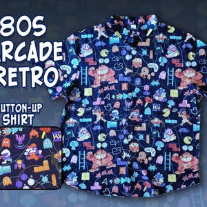 80s RETRO ARCADE Pattern Button Up Shirt Sizes S-3X | Video Games, Nintendo, Gamer, Hawaiian Shirt, Gaming Gift, Nostalgic
