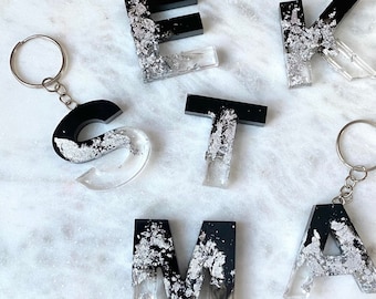 Glam Black, Clear and Silver Initial Keychain | Resin Initial Keychain | Resin Letter Keychain | Custom Resin Keychain