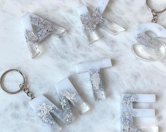 Glam White, Clear and Silver Initial Keychain | Resin Initial Keychain | Resin Letter Keychain | Custom Resin Keychain