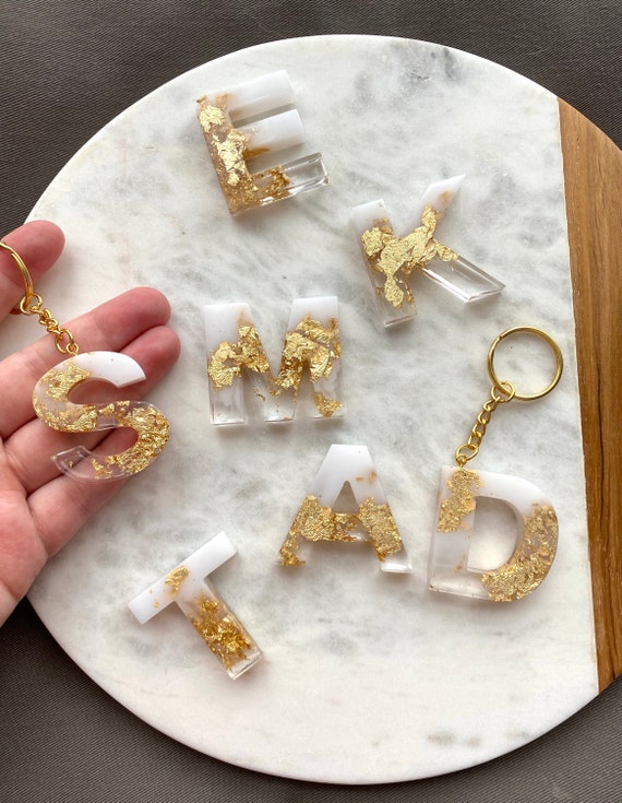 ATouchOfNelly Glam White, Clear and Gold Initial Keychain | Resin Initial Keychain | Resin Letter Keychain | Custom Keychain