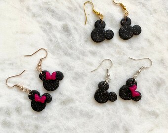 Mickey and Minnie Clay Dangle Earrings | Mickey Mouse | Minnie Mouse | Mickey Jewelry | Minnie Jewelry | Mickey and Minnie Earrings