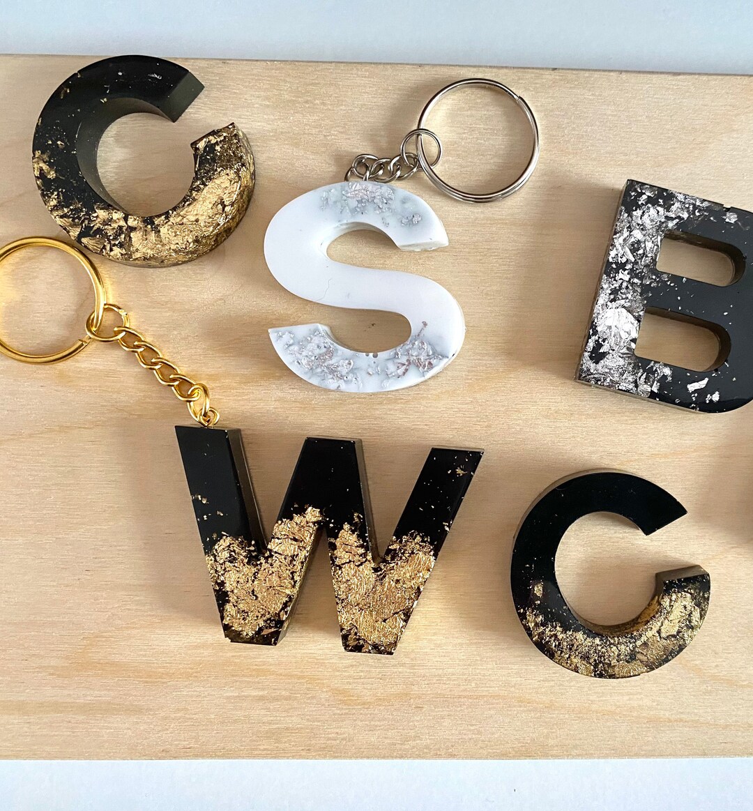 Custom Black, White, Gold & Silver Custom Initial Keychain | Resin ...