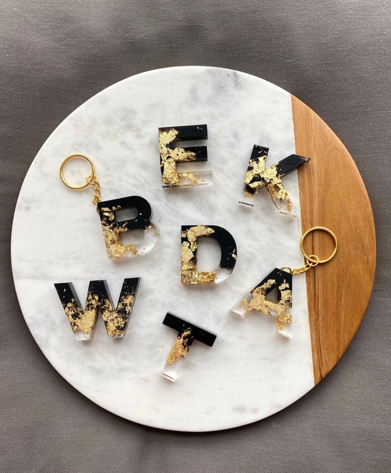 Glam Black, Clear and Gold Initial Keychain Resin Initial Keychain