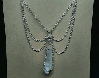 Quartz Triple Chain Choker Necklace Loop Handmade Silver Unique Fem Elegant Jewelry Cosplay Costume Streetwear Accessories Crystal 44