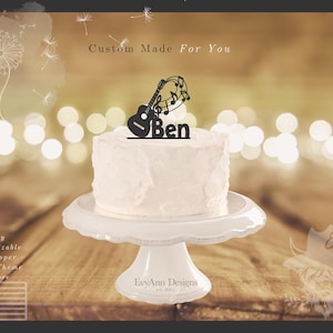 Guitar Cake Topper, Acoustic Music Decor with Treble Clef, Custom Name Acrylic Topper, Musician Birthday or Wedding Cake Topper LT1196