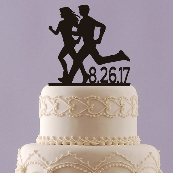 Couple Running, Wedding Cake Topper, Male and Female, Runner's Cake Topper, Wedding Date, Marathon Runner, Personalized, Keepsake, LT1226