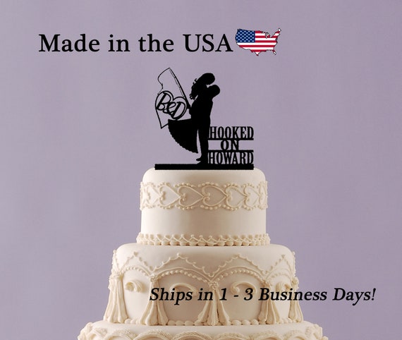 Wedding Just Married Fishing Cake Topper Tackle Box Pole ~Dark Hair Couple~ 