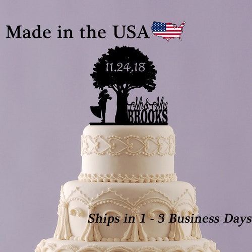 Wedding Bride & Groom Under Tree Cake Topper Keepsake in SHINY GOLD Acrylic . 