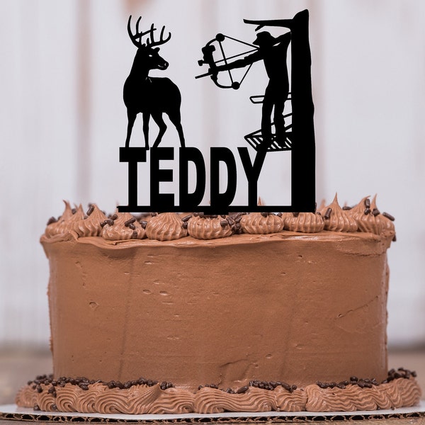 Bow Hunter Cake Topper, Hunter in Tree Stand, Bow Hunter and Deer, Bow Deer Hunting, Hunter Personalized Topper, Male Birthday Party, LT1272