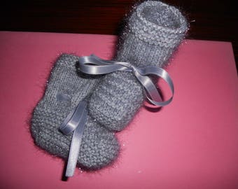 baby slipper in shiny, hairy grey wool