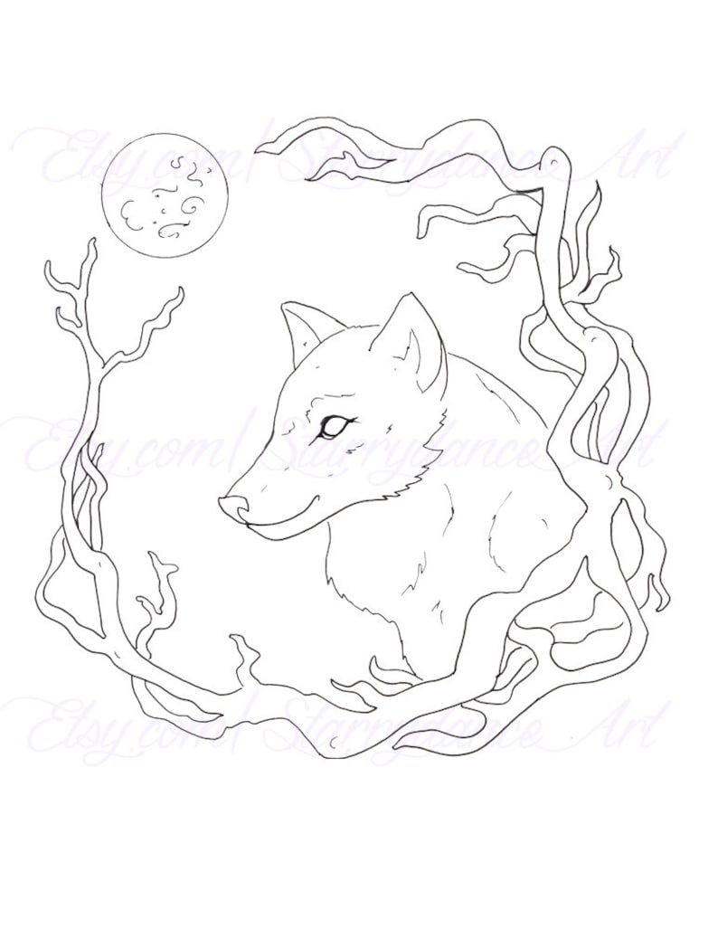 Instant Download Coloring Page Wolf Moon Printable image 1