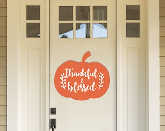 Fall Wreath - Door Decor - Wooden Pumpkin - Thankful & Blessed, Thanksgiving decoration, Fall Wreath, Door Hanger #FD12