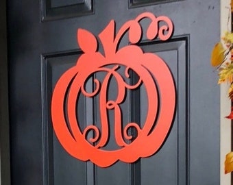 Front Door Decor - Fall Wreath - Wooden Pumpkin Monogram - Thanksgiving decoration - Door Hanger - Wooden Initials#2304