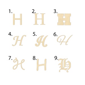 May include: Nine different styles of the letter H, cut from wood. The styles range from simple block letters to more elaborate cursive and gothic styles.