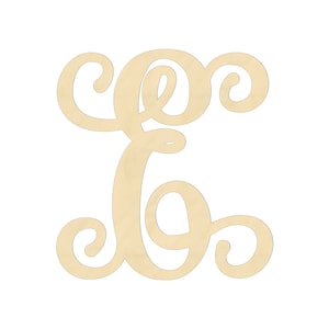 May include: A wooden cutout of the letter "C" in a cursive script style. The letter is made of unfinished wood and has a light brown color.