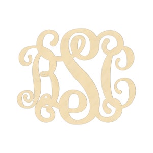 May include: Wooden monogram with the letters "B S C" in a cursive script style. The letters are cut out of the wood and have a light brown color.