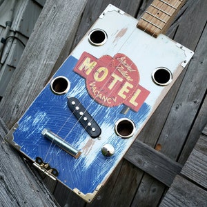 Grand Tulane Motel- Blue & White Cigar Box Guitar